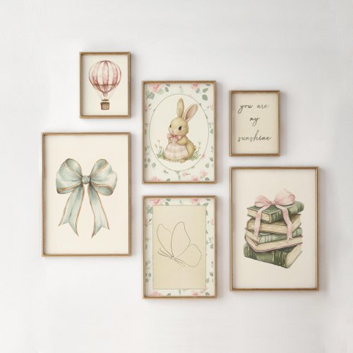 Nursery Wall Art, Vintage Rabbit Nursery Art, Set of 6, Baby Girl Room Decor, Girl Nursery Wall Art, Vintage Nursery Wall Art