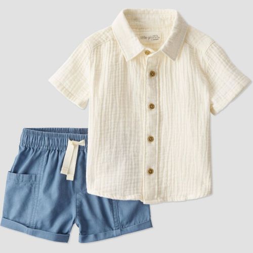 Little Planet by Carter's Organic Baby Boys' Woven Solid Coordinate Set - 9M: Button Down Shirt & Pull-On Shorts