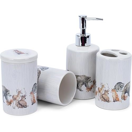 NAT & Jules Chic Modern Rounded 4.5 inch Ceramic Bathroom Accessories Set of 4 - Home Décor & Organization Perfect for Bath or Kitchen Household Essentials, Lodge Animals