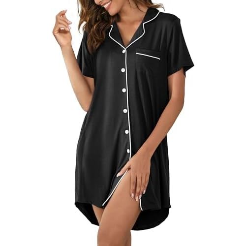 Nightgowns for Women Button Down Sleep Shirts Short Sleeve Nightshirt Boyfriend Nightdress V Neck Pajama Dress S-XXL