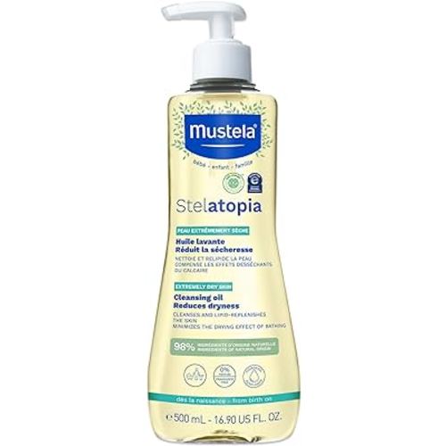 Mustela Stelatopia Eczema-Prone Skin Cleansing Oil - Baby Body Wash with Natural Avocado & Sunflower Oil - Family Skin Care Essentials - EWG Verified - Fragrance-Free & Tear Free - 16.9 fl. oz.