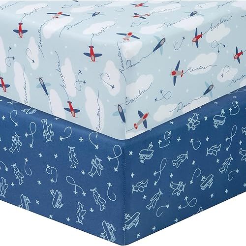 Sammy & Lou Airplanes 2-Pack Microfiber Fitted Crib Sheet Set, Fits Standard Crib Mattress 28 in x 52 in; Fully Elasticized,