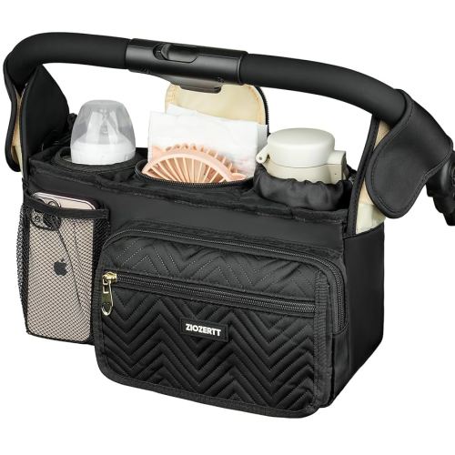 Universal Stroller Organizer with Insulated Cup Holder,Stroller Caddy Bag with Wet Wipes Pocket,Stroller Accessories Fits for Uppababy,Doona,Jogger,Britax,Mompush,BoB Strollers,Black