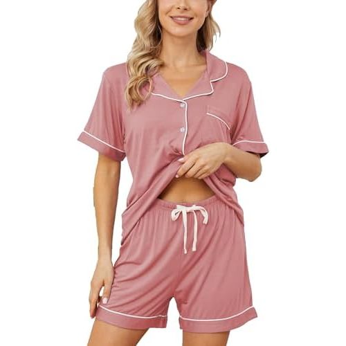 Womens Pajama Sets Short Sleeve Sleepwear Soft Button Down Nightwear Lounge Pj Set XS-XXL