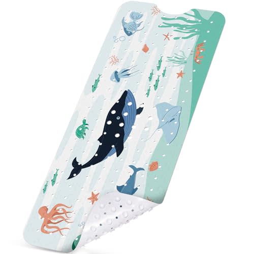 NiBaby Non-Slip Baby Bathtub Mat with Powerful Suction Cups, 40x16 Large Size Quick Drain for Children & Elderly Safety in Showers and Tubs, Machine Washable Durable PVC Comfortable & Safe (Whale)