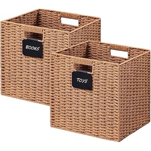 UBBCARE 2 Pack Wicker Basket, 13×13 Storage Cubes with Label, Foldable Cube Storage Bin with Handle, Square Storage Basket for Shelves, Woven Paper Rope Basket for Organizing, Caramel