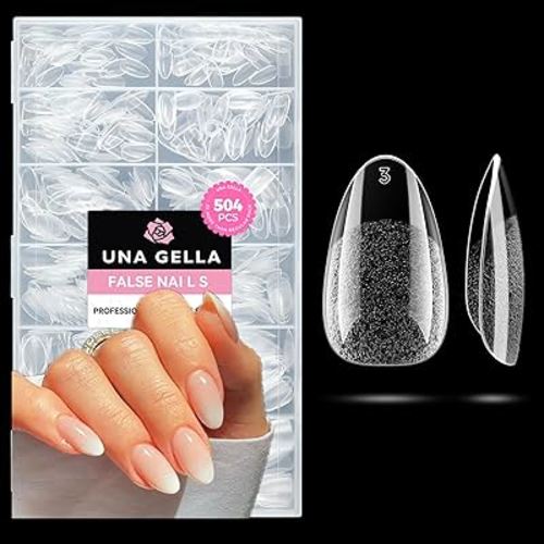 UNA GELLA Short Oval Almond Fake Nails 504pcs Press on Nails Pre-shape Short Almond Round Gel Nail Tips for Full Cover Acrylic False Nails For Nail Extension Home DIY Salon 12 Sizes False Gelly Tips
