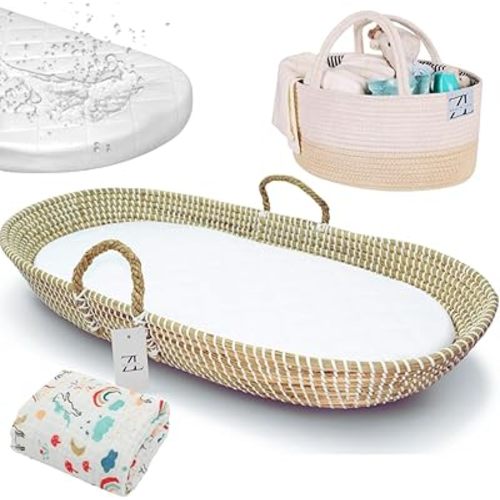 ZEAL'N LIFE Baby Changing Basket Set – Handwoven Moses Basket for Newborns with Waterproof Pad, Diaper Caddy, and Baby Towel – Stylish Dresser Top Changing Station - Nursery Gift for Newborns