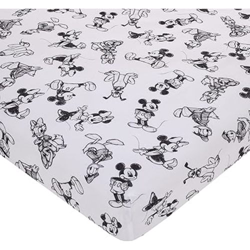Disney Mickey Mouse - Charcoal, Black and White Mickey and Friends, Minnie Mouse, Donald Duck and Pluto Nursery Fitted Mini Crib Sheet
