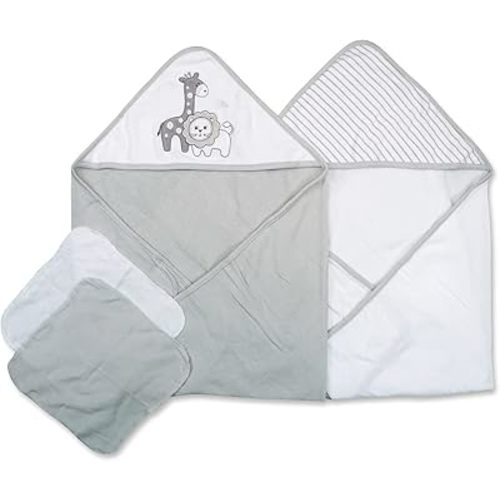 Spasilk Bath Hooded Towels & Washcloths Set for Babies, 2 Hooded Terry Bath Towels & 2 Washcloths, Grey Lion