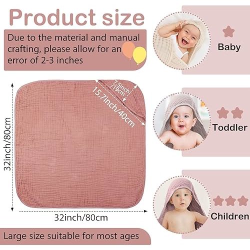 Peryiter 4 Pcs Muslin Hooded Baby Towels,32"x 32" Cotton Newborn Bath Towel Muslin Infant Baby Blankets Absorbent Unisex Newborn Registry Gift for Girls Boys (Beige Series)