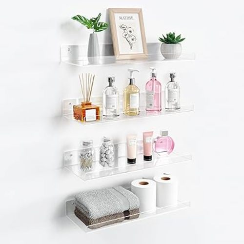 upsimples 4 Pack 15x6 Inches Acrylic Bathroom Shelves for Wall, Floating Bathroom Shelves Over Toilet, Storage Shelf for Toilet Paper, Towels and Toiletries, Clear