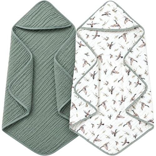 2 Pack Mallard Duck Baby Hooded Towels for Newborn 100% Muslin Cotton Duck Hunting Neutral Baby Bath Towel for Babies Infant Toddler and Kids, 32x32inch, Soft and Absorbent Kids Gift