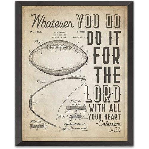 Football Patent Art with Bible Verse - "Whatever You Do, Do It for the Lord" Colossians 3:23 Christian Wall Decor, Unframed, Inspirational Poster, 8x10 inches