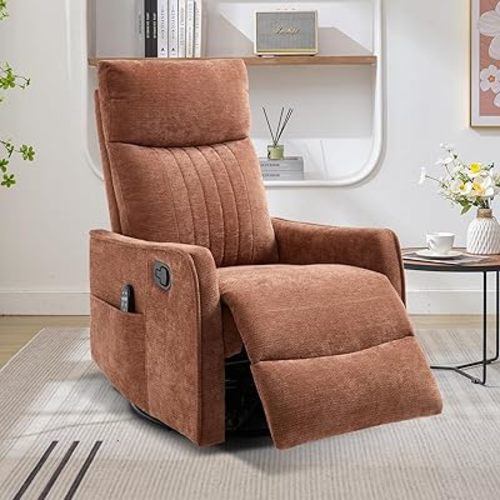 Swivel Rocker Recliner Chair, 360° Swivel Recliner with Heat and Massage, Rocker Recliner Nursery Glider Chair with Side Pockets for Living Room (Orange, Fabric)