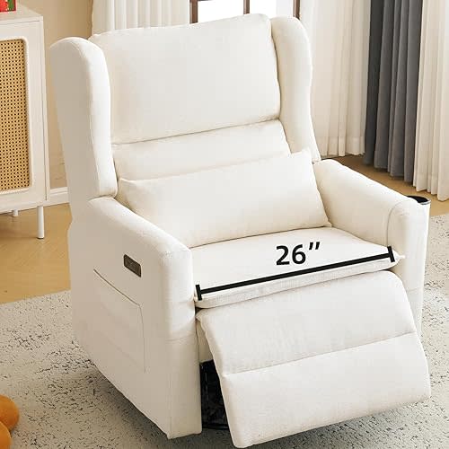 Oversized Swivel Rocker Recliner Chair, 26" Extra Wide Glider Nursery Chair with Adjustable Headrest, Chenille Power Recliner Rocking with Double Cushion, Cup Holder, White