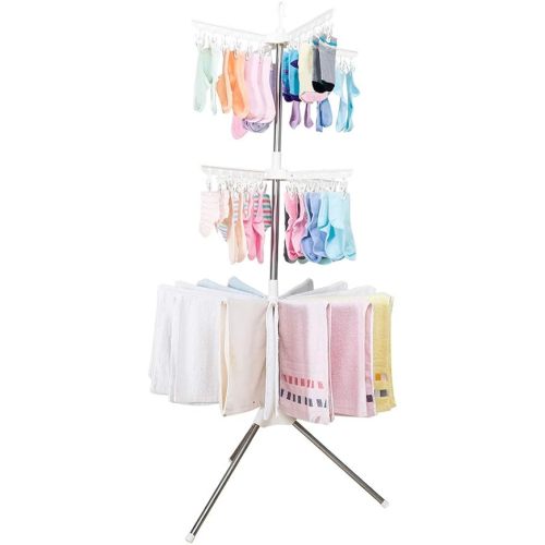 Hershii 3 Tiers Collapsible Clothes Drying Rack Folding Tripod Laundry Garment Storage Hanger Organizer Indoor Outdoor Space Saver with 48 Clips & 16 Towels Bars - Ivory