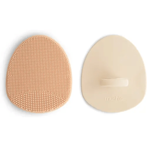 mushie Baby Bath Cradle Cap Brush | Soft Silicone Bristles for Dry Skin, Eczema, & Cradle Cap Treatment | 2-Pack (Blush/Shifting Sand)