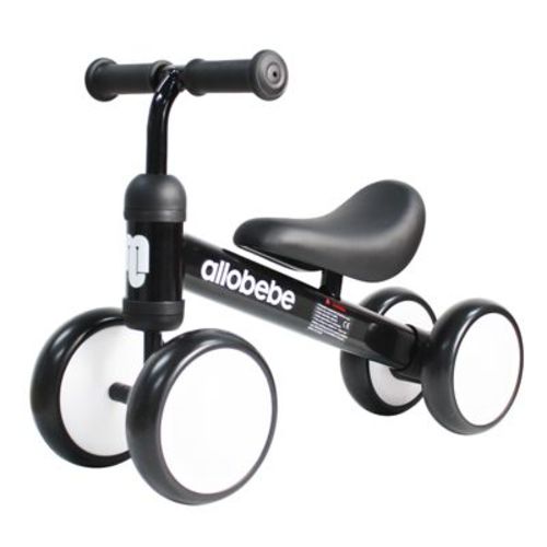 Allobebe Baby Balance Bike for 12-30 Months, 4-Wheel Toddler Walker Ride-On Toy with Adjustable Seat, Silent Wheels & Safe No-Pedal Design, Black