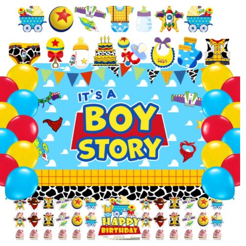 Cartoon Toy Baby Shower Decorations for Boys, Blue Toy Inspired Story It’s A Boy Story Supplies, Backdrop Balloon Banner Cake Topper