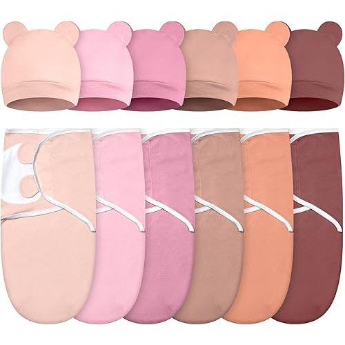 Ramede 6 Pack Baby Swaddle Blanket with Hats Sleep Swaddle for 0-3 Months Newborn Sacks Soft Cotton Wearable for Boy Girl