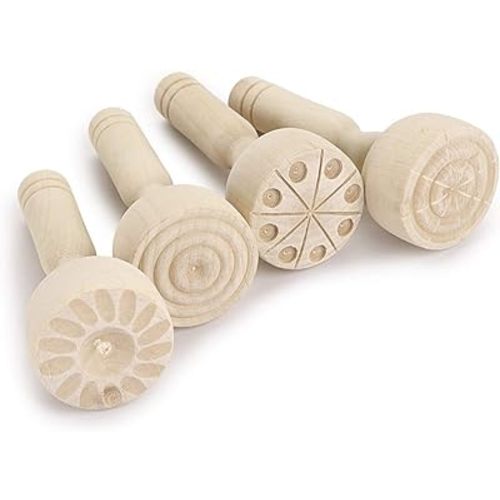 OwnMy Wooden Clay Stamp Set, Wood Playdough Handle Stamps, Wooden Handle Pottery Tools, Set of 4 Clay Modeling Pattern Kit