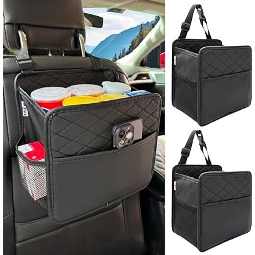 2 Pack Upgraded Car Seat Organizer Backseat with Storage Pockets, Multipurpose Car Organizer Hanging Car Trash Bag Premium PU Leather Garbage Can 2.14 Gallon Large Capacity Accessories Black