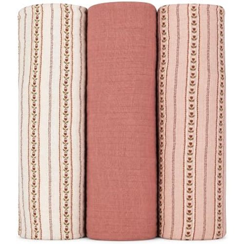 Ely's & Co. Muslin Swaddle Blankets 3-Pack for Baby Girl, 100% Cotton Muslin Extra Large Swaddle Receiving Blankets, 47"x47" (Pink Ivory Linear Tulip)