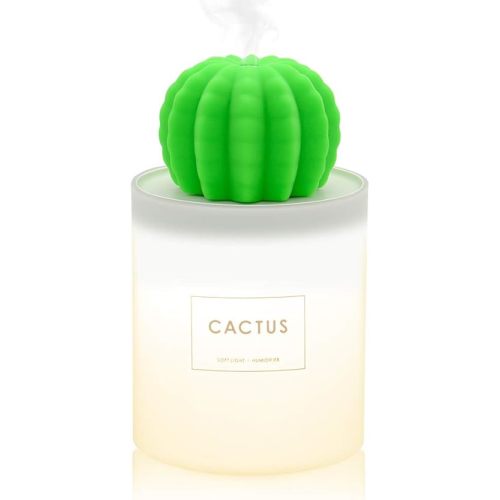 USB Small Humidifier with Night Light, 280ml Tank Cactus Humidifier Mini Cool Mist Air Humidifier with Auto Shutdown for Bedroom Office Car