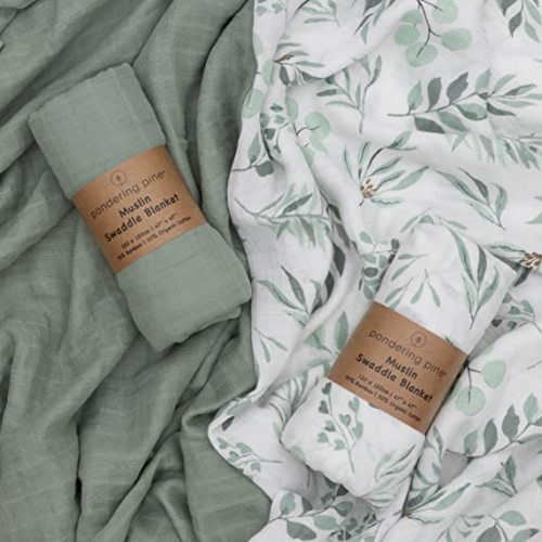 Organic Baby Muslin Swaddle Blankets for Boy or Girl - Eucalyptus Leaves and Sage Swaddling Blanket 2 Pack - Soft Muslin, XLarge and Breathable, Boho Baby, 47" X 47" - Eucalyptus, Sage