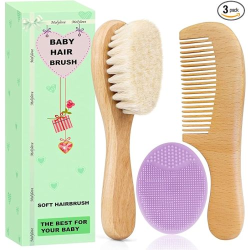 Baby Hair Brush and Comb Set for Newborns & Toddlers | Wooden Baby Brush Set with Soft Goat Bristles l Wood Comb l Purple Cradle Cap Brush| Ideal for Cradle Cap (3 Piece)