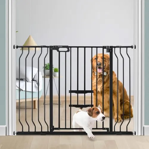 Newnice 2024 Baby Gate with Cat Door 29.9-48.8" Extra Wide, 33" Tall Dog Gate for The House, Doorways,Stairs, Auto Close Walk Thru Safety Gate with Small Pet Door,Pressure Mounted Child Gate,Black