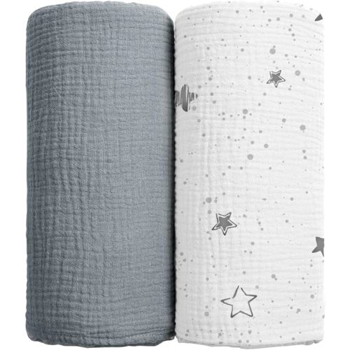 Baby Muslin Swaddle Blankets: Soft Receiving Blanket for Newborn - Cotton Swaddling Blanket for Neutral 2Pack(Starry Sky Gray) - Printed