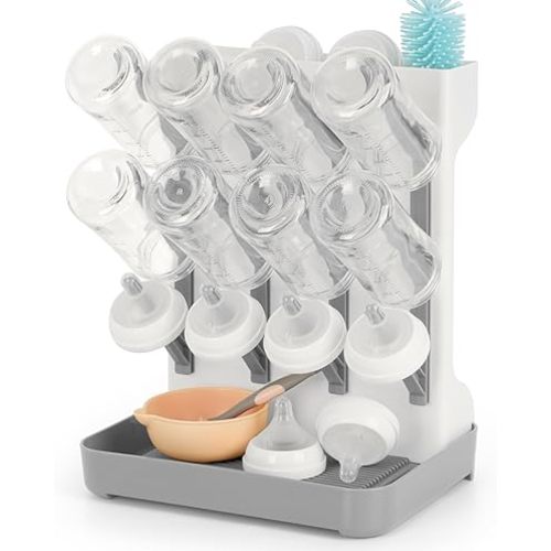Baby Bottle Drying Rack, Space Saving Baby Bottle Organizer for Countertop, Vertical Bottle Dryer Holder with Brushes Holder, Large Bottle Storage Holder 12 Bottles & Baby Accessories Grey