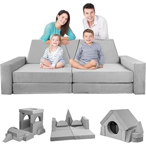 YEFU 15pcs Large Modular Kids Play Couch, Kids Couch,Play Couch, Kids Sofa for Playroom and Bedroom, Kids Play Couch Playroom Furniture for Toddlers, Convertible Couch for Boys and Girls, Grey