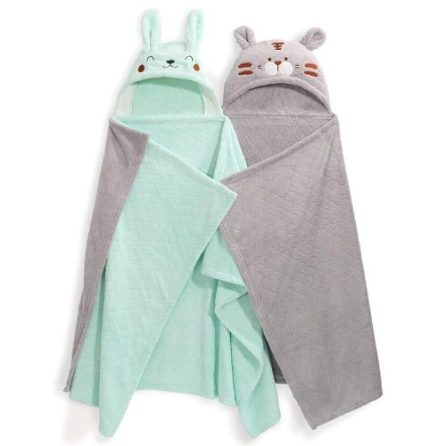 Toddler Towels with Hood Age 0-5,2 Pcs Coral Fleece Baby Hooded Towel,Hooded Bath Towels for Toddlers with 1-3 Large Size 50 * 32 Inch,Ultra Absorbent and Soft Hooded Baby Towel Green&Grey Set