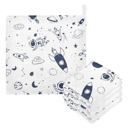 YETTASBIN Space Rocket Muslin Baby Hand Washcloths, Soft Cotton Bath Face Towel, 4 Layers Extra Absorbent Feeding Burp Cloth for Newborn Infant, 5 Pack