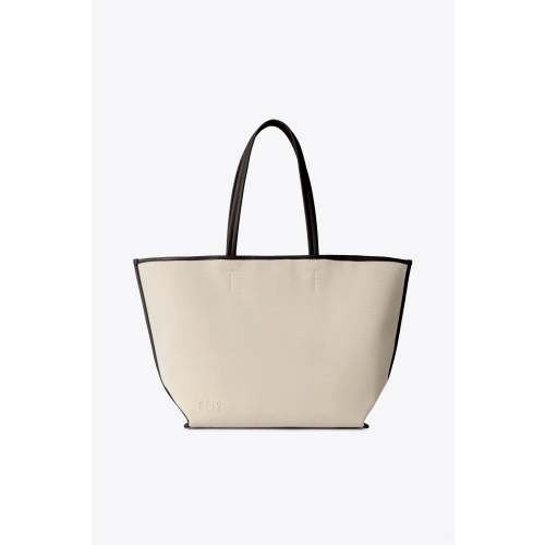 BÉIS ‘The Canvas and Leather Tote’ in Espresso - Beige Travel Tote with Brown Leather Trim