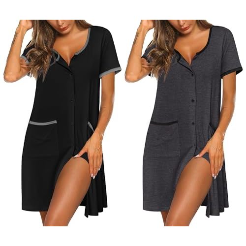 Ekouaer Nightgowns for Women 2 Pack Button Down Sleep Shirts Short Sleeve Nightshirt Sleepwear House Dress with Pockets