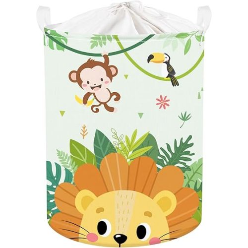 Clastyle 45L Large Green Jungle Lion Kid Laundry Hamper with Handle Collapsible Monkey Bird Clothes Toy Storage Basket with Lid for Nursery