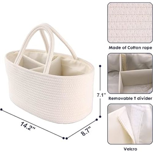 Baby Diaper Caddy Organizer for Girl Boy Cotton Rope Nursery Storage Bin Basket Portable Holder Tote Bag for Changing Table Car Travel Baby Shower Gifts Newborn Essentials Registry Must Haves White