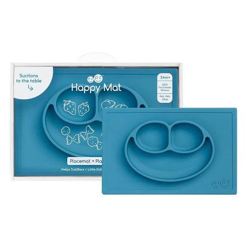 ezpz Happy Mat - 24 Months+ (Blue) - 100% Silicone Suction Plate with Built-in Placemat for Toddlers + Preschoolers - Divided Toddler Plates - Toddler Essentials
