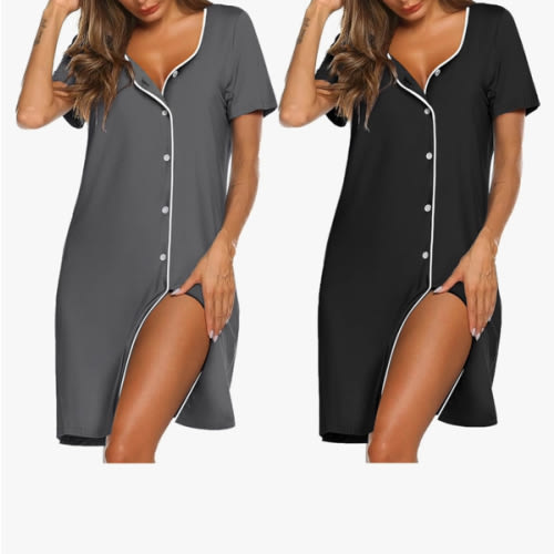Ekouaer Nightgowns for Women 2 Pack Button Down Sleepshirt Short Sleeve Nightshirt Soft Sleepwear V Neck Pajama Dress