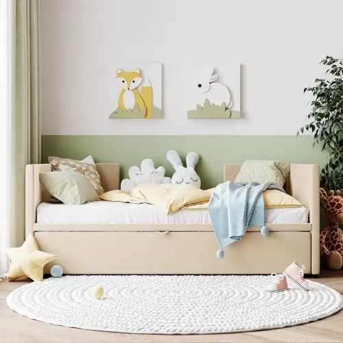 DEINPPA Twin Extendable Platform Bed, Upholstered Transitional Daybed with Trundle, Twin Size to King Size Bed, No Box Spring Needed-Beige
