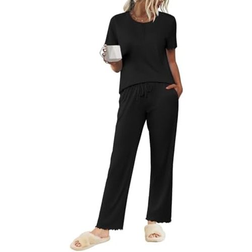 Ekouaer Pajama Sets for Women 2 Piece Short Sleeve Loungewear Button Down Pj Set Soft Sleepwear with Pockets