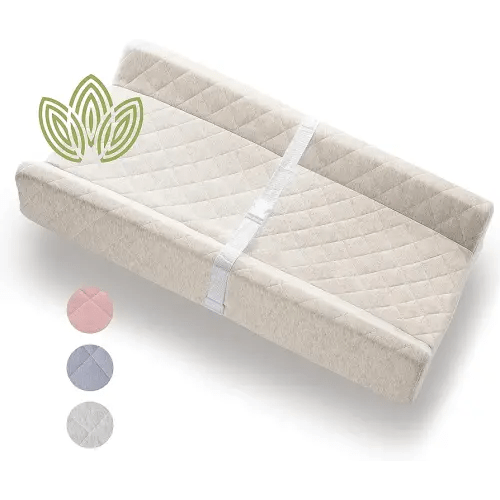 Organic Cotton Contoured Baby Changing Pad w/Waterproof Foam Mattress, Includes Soft, Removable & Washable Cover, Safety Strap, Non-Slip Bottom, Topper for Standard Size Infant Diaper Table & Dresser