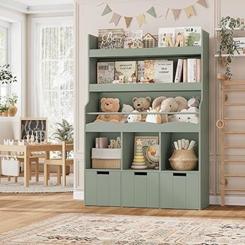 HITHOS Toy Storage Organizer w/Bookshelf & Stuffed Animal Organizer, Green