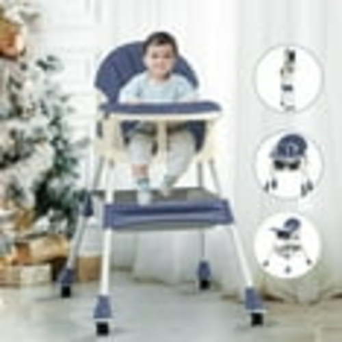 Hurber 4 in 1 Baby High Chair, Child Feeding Chair with Five-Point Harness, Retractable Detachable Dining Plate，Brakable Universal Wheel, Toy Rack, Blue