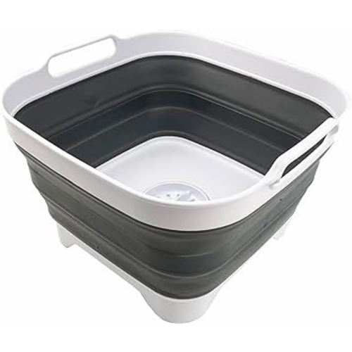 SAMMART 10L (2.6 gallons) Collapsible Plastic Dishpan with Draining Plug - Foldable Washing Tub - Portable Dish Washing Basin - Pop Up Saving Kitchen Storage (White/Steel Grey)