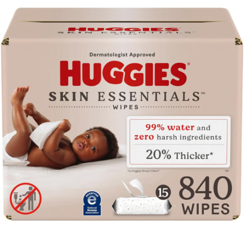 Huggies Skin Essentials Baby Wipes, Hypoallergenic, 99% Water, 15 Flip Top Packs (840 Wipes Total)